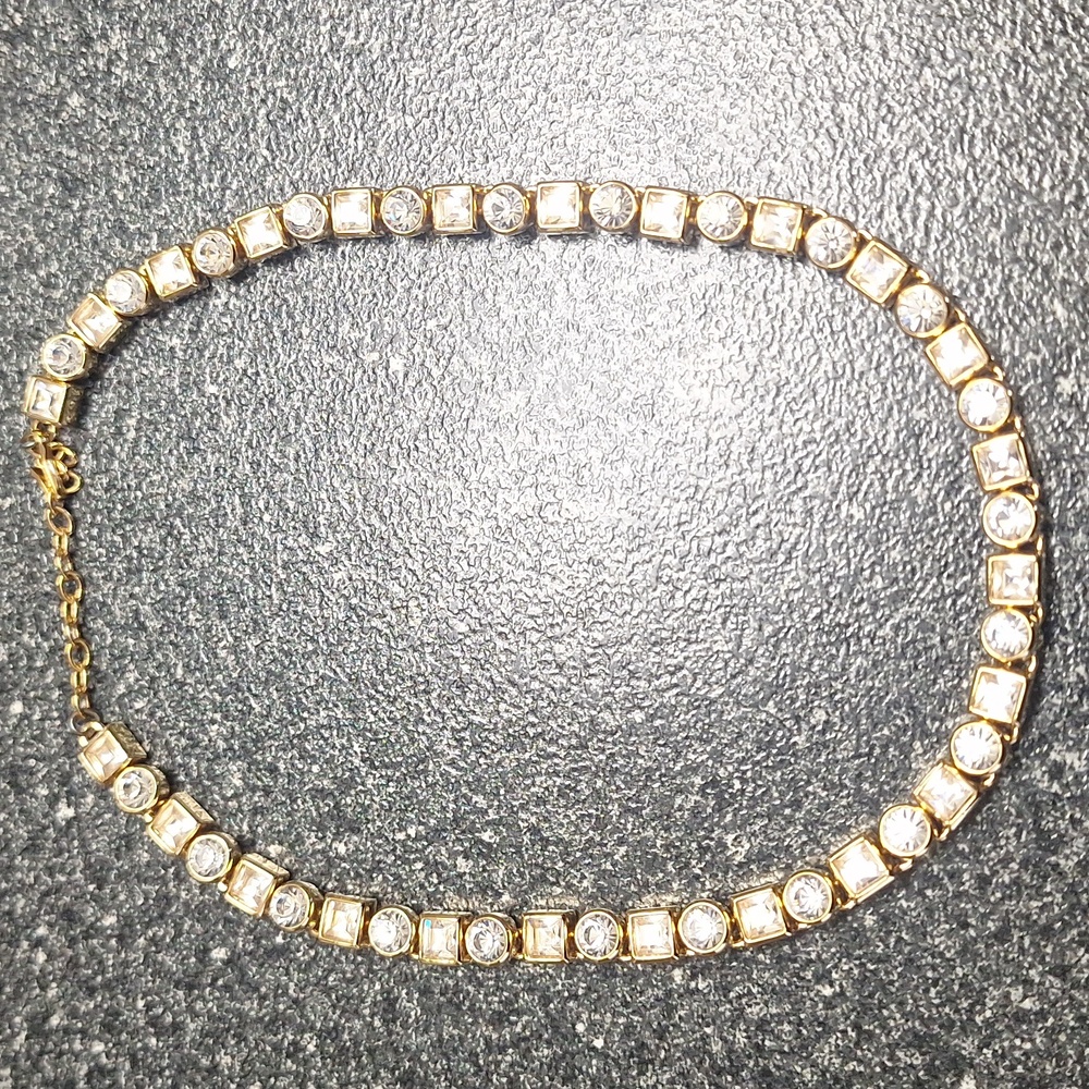 Monet Necklace Rhinestones Round Square Gold Tone Linked Chain